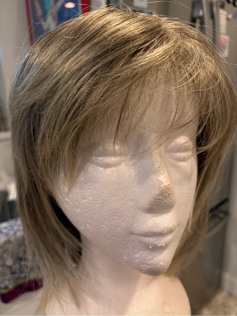 Blonde Hand Tied Synthetic Shag Cut Wig with bangs! Great for sensitive scalps